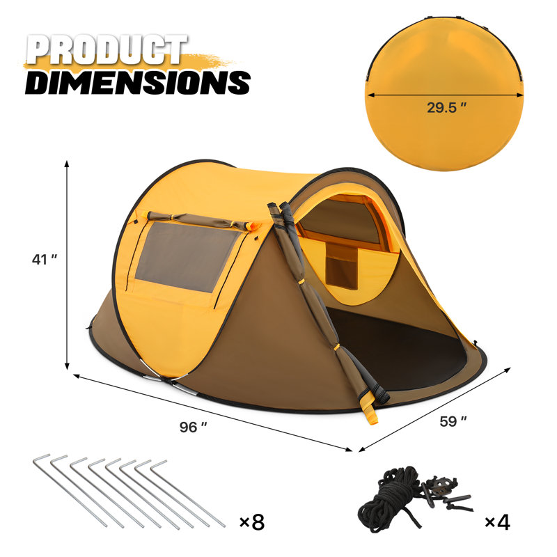 3 Person Outdoor Pop Up Camping Tent, Waterproof Portable Hiking Instant Cabin Family Tent with Carry Bag, Yellow/Brown