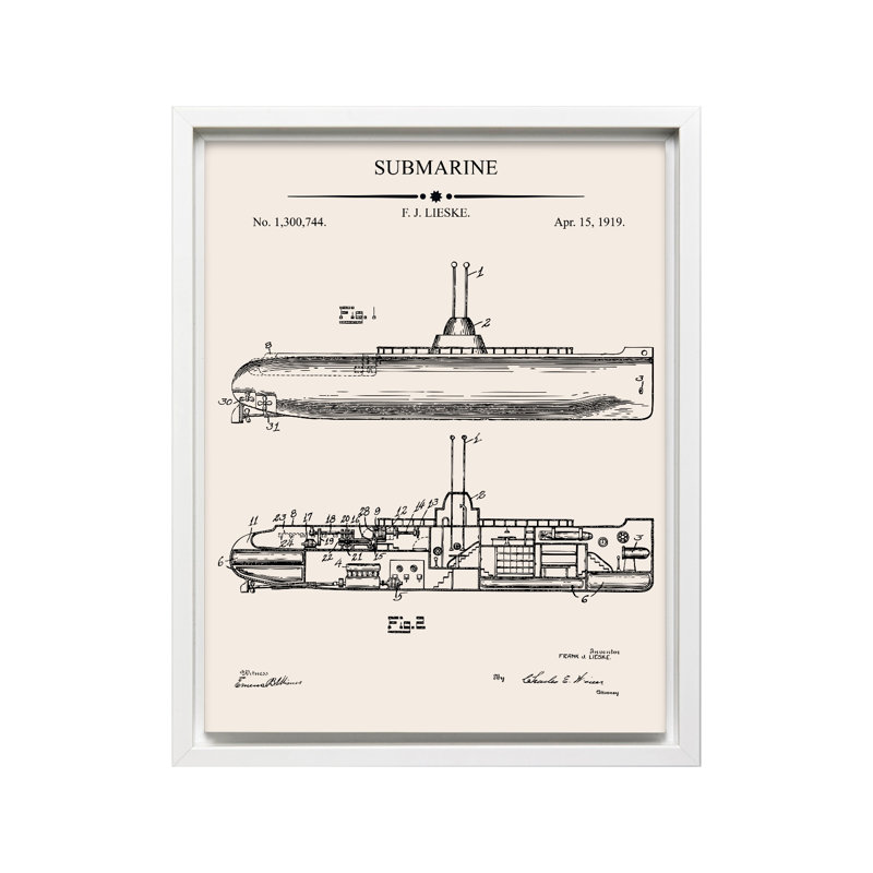 Submarine Blueprint, Poster, 12"H x 16"W, White Framed