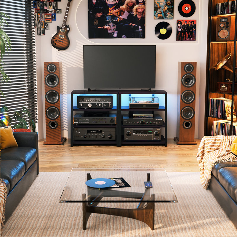 4-Tier AV Media Stand With Outlets, Media Console With LED Lights, Tan