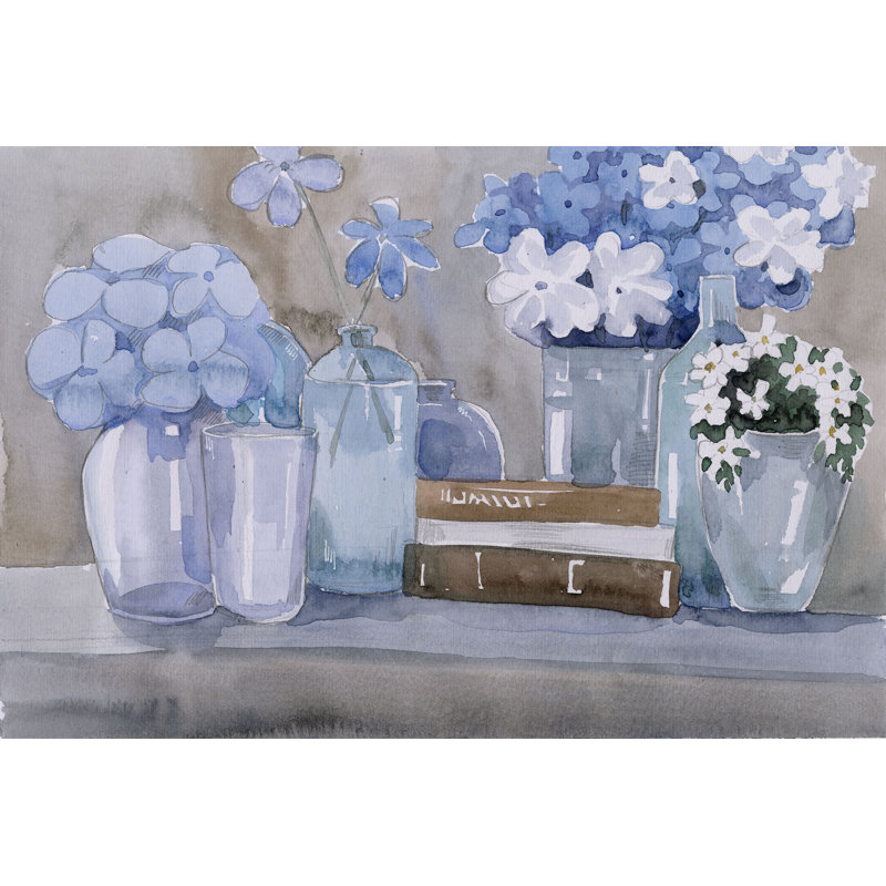 Blue Floral With Vases - Wrapped Canvas Painting, 61cm H x 91cm W x 3.8cm D