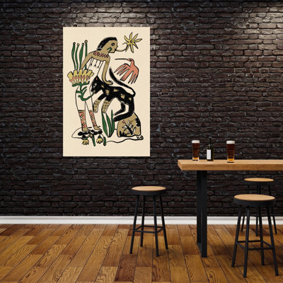 Folk Figure And Panther Contemporary Bird Cat Flower Nature Wall Art Print 1 Piece Wrapped Canvas Wall Art