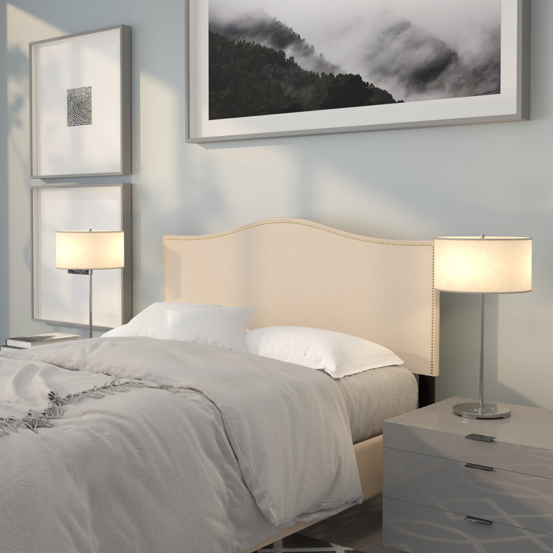 Fitzsimmons Arched Upholstered Headboard with Accent Nail Trim, Beige, Full