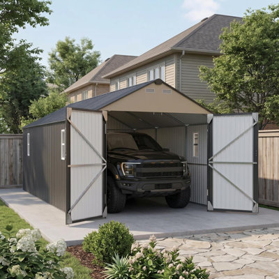 Oversized Enclosed Metal Carport - 12x25 ft with Vertical Steel Roof for All-Weather Use, Metal Garage Shed with Man Door for Full-Sized Pickup Trucks and SUV (Gray)