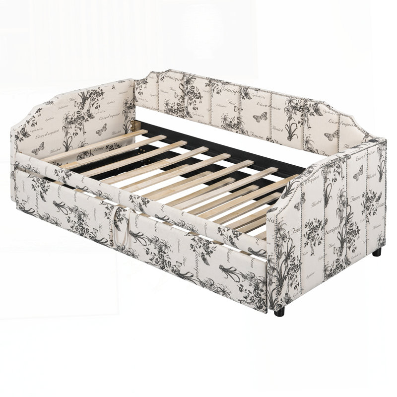 Upholstered Daybed with Pop-Up Trundle & USB Charging Ports, White Tossed Botanical