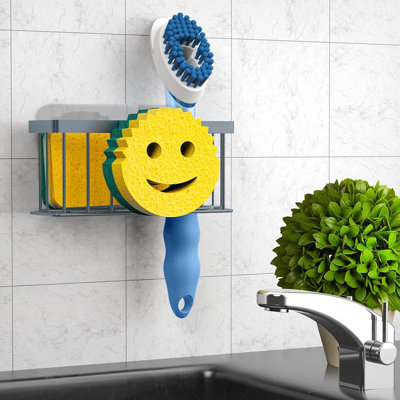 Smiley Face Sponge Holder With 3-In-1 Storage, Stainless Steel Sink Caddy For Kitchen, Includes Suction Cups And Adhesive Strips For Sponge, Soap, Dish Brush, And Scrubber