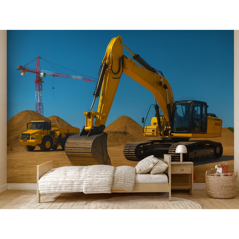 Construction Wall Mural, Peel and Stick Excavator Dump Truck and Crane Wallpaper for Kids Room, Nursery and Playroom, Removable Satin Finish, 65"W x 96"H
