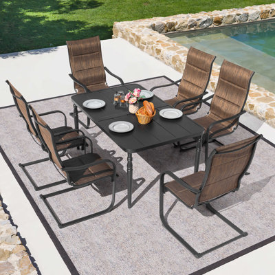 Patio 7-piece PVC-coated polyester Dining Set, C-spring Chair Legs And Umbrella Hole