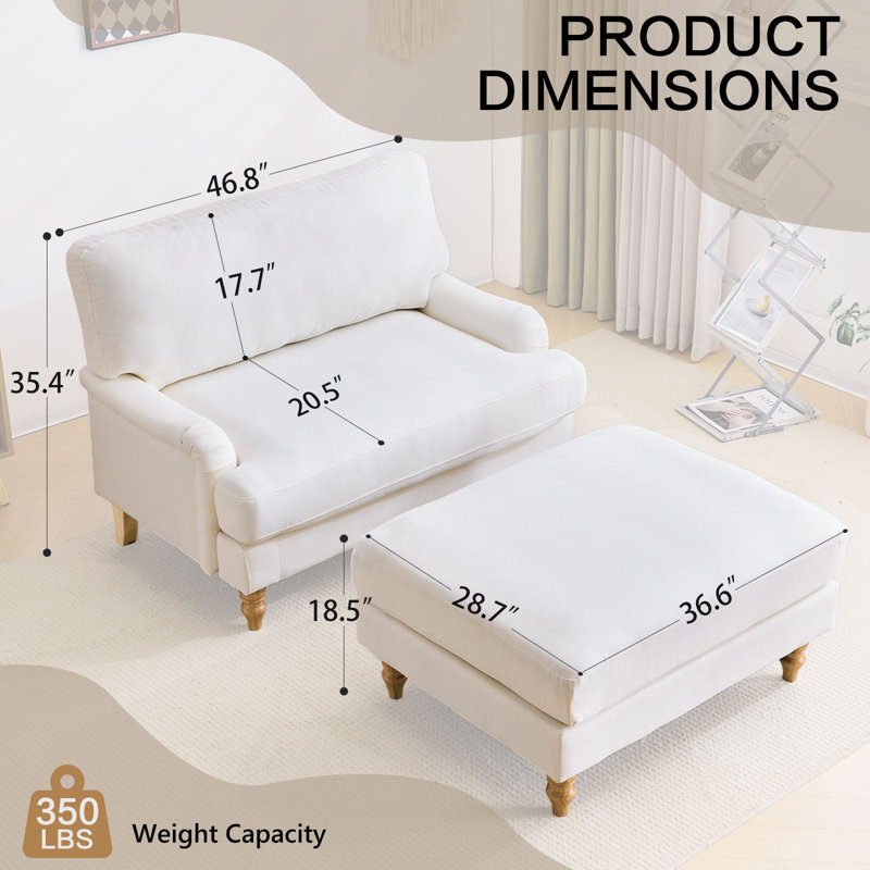 47" Upholstered Accent Chair With Ottoman,, Beige Foam Padding