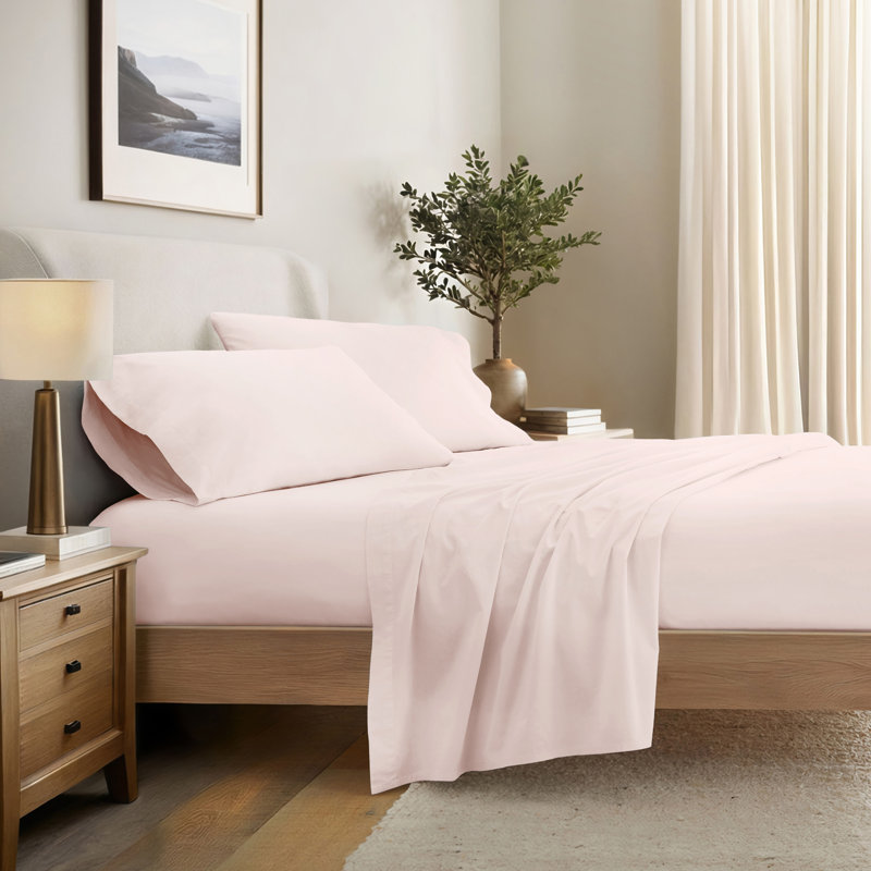 Ensemble de draps 100% coton percale brossé et délavé 4 pièces, Ensemble de draps pour grand lit avec 2 taies d'or, Rose