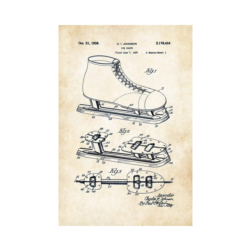 Patins de glace par brevet 77 - reproduction de dessin sur toile tendue, H 40 po x l 26 po x P 1,5 po