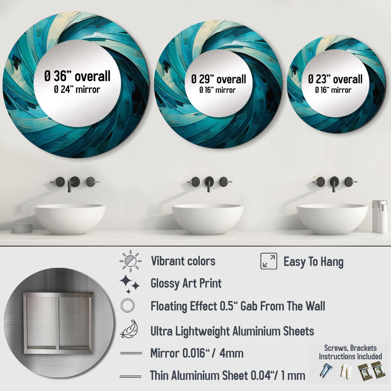 Teal Majestic Motion II - Abstract Spirals Mirror, Blue Round Decorative Wall Mirror, Printed Metal Art, 29" x 29"