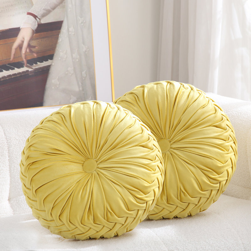 Velvet Round Throw Pillow for Couch Decor 15-Inch (Set of 2), Light Yellow