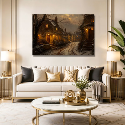Cozy Winter Village Street Landscape Canvas Graphic Ar