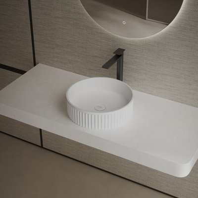 MonBlari 16" Round Solid Surface Fluted Bathroom Sink Matt White