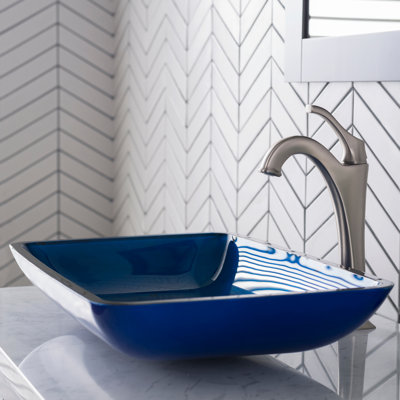 Glass Rectangular Vessel Bathroom Sink with Faucet
