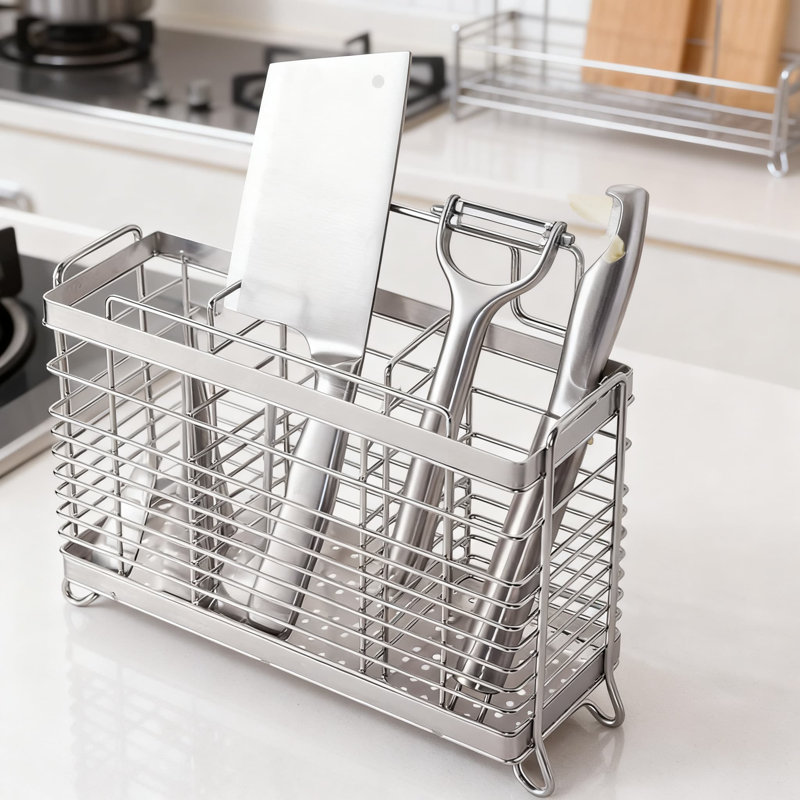 3-Compartment Utensil Drying Rack And Organizer With Rust-Resistant Mesh, Countertop Or Wall Mount Holder For Kitchen And Bathroom