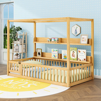 Wooden Floor Bed With Guardrails, Storage Shelves And Slats