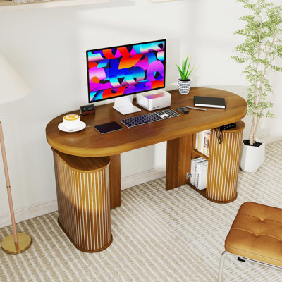 55.12''W Electric Standing Desk with Storage, Height Adjustable Computer Desk, Fluted Workstation Desk for Home Office