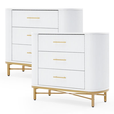 Modern White 3-Drawer Nightstand, Fluted Bedside Table