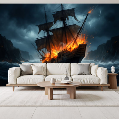 Peel and Stick Wallpaper Burning Sailing Ship Stormy Ocean Night Dramatic Fantasy Maritime Wall Murals 69"H x 96"W Removable PVC Wall Paper Self-Adhesive Wall Decor for Bedroom Living Room Home Office