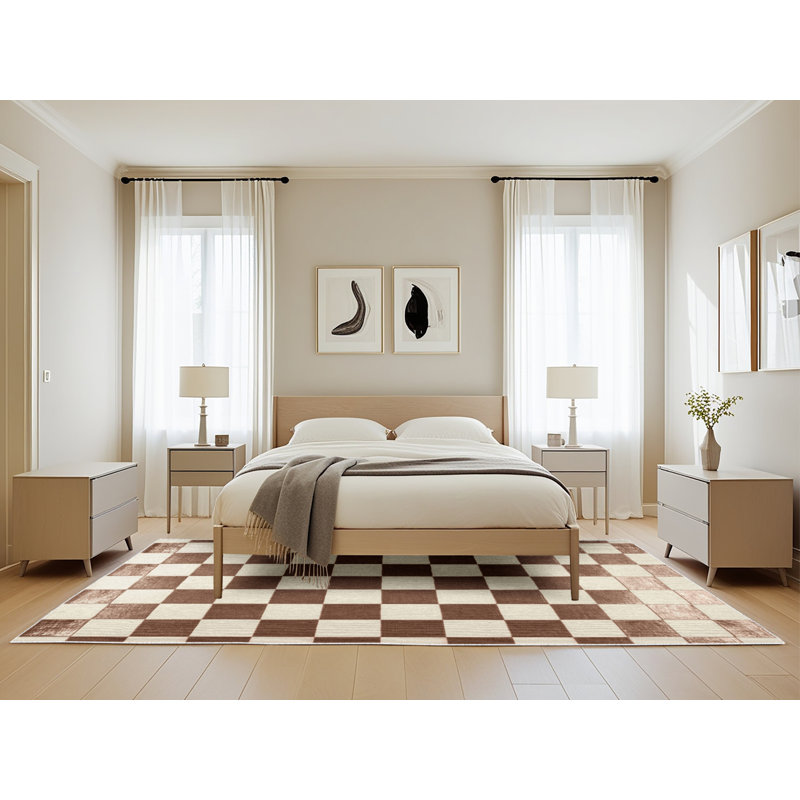 Tapis beige à carreaux lavable à la machine, Rectangle 5 pi x 8 pi