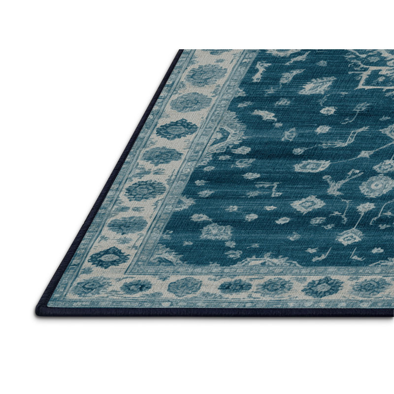 Tapis bleu lavé à la machine, Rond 8 pi