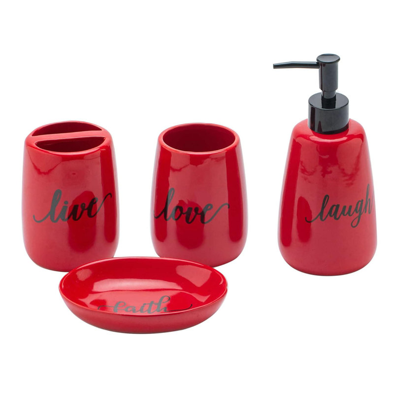 4pc Ceramic Bathroom Accessory Set (Navy/Red): Toothbrush Holder, Soap Dispenser, Dish, Tumbler