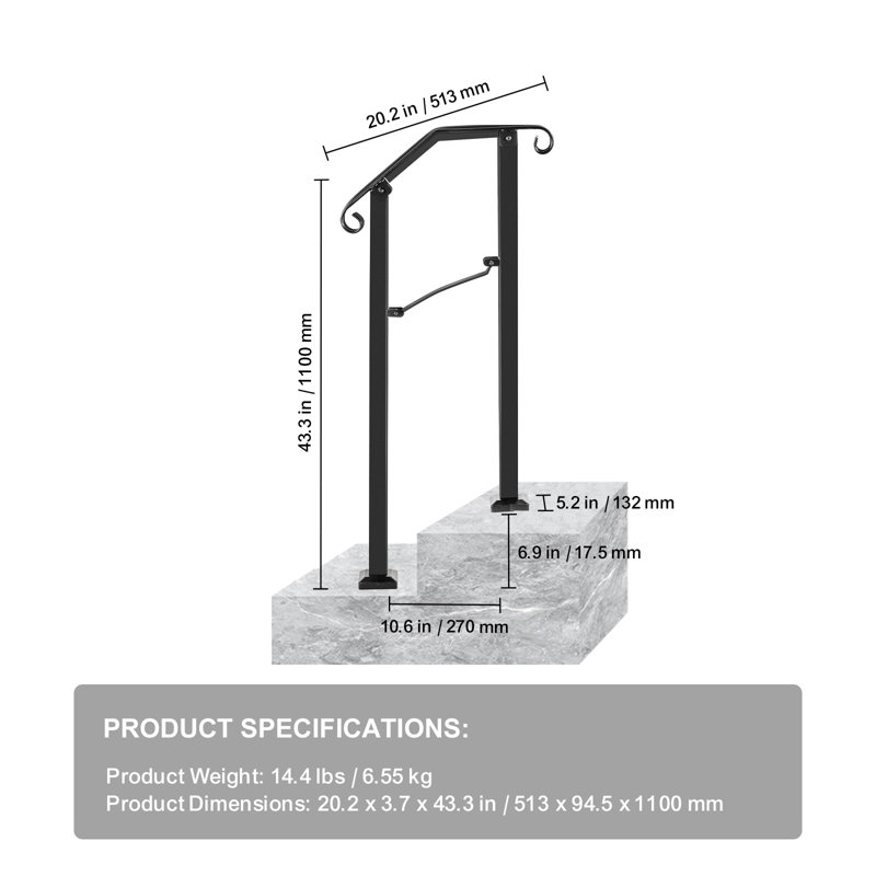 Rampe d'escalier en fer pour escalier, H 43,3 po x l 20,2 po x P 5,2 po