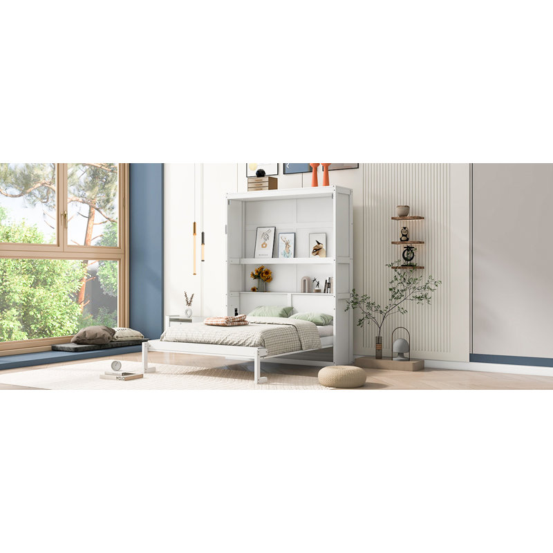 Murphy Bed Wall Bed With Shelves, White, Full / Double