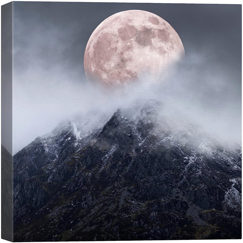 «Harvest Moon Cloudy Mist Sky Snowy Mountain Range», reproduction sur toile, H 12 po x l 12 po x P 1,5 po