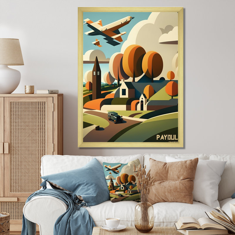 Petit village dans une campagne d'automne sur toile, H 20 po x l 12 po x P 1 po, Encadrement doré
