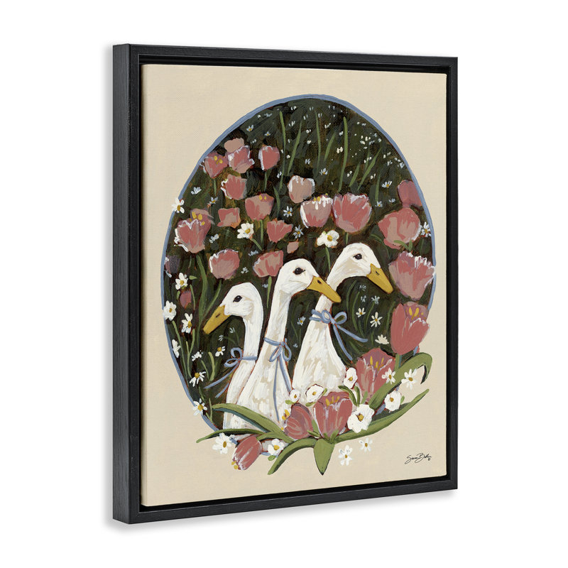 Canards avec cadre flottant Cottage Blooms, design par Sara Baker, Cadre flottant noir de jais, H 21 po x l 17 po
