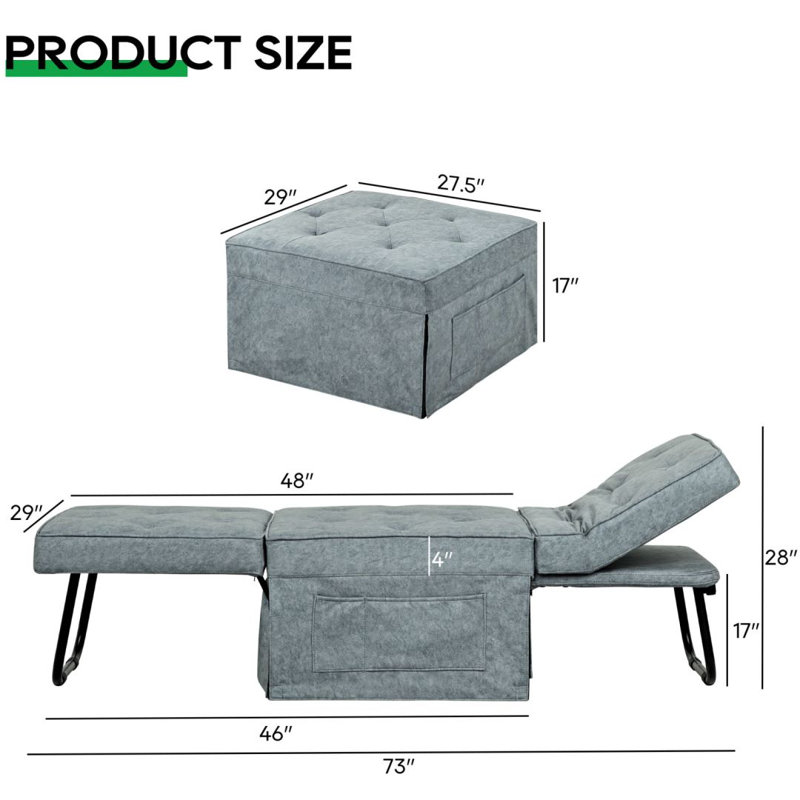 Canapé-lit convertible multifonctionnel avec repose-pieds avec dossier réglable et coussin (largeur de 36 po)