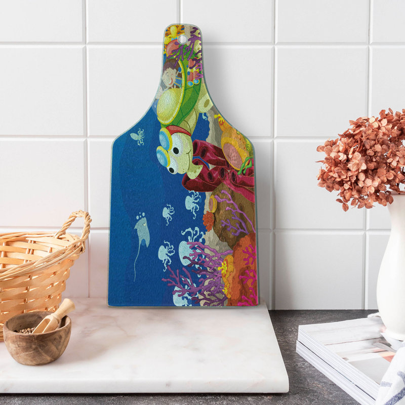 Ambesonne Cartoon Tempered Glass Cutting Board Turtle Multicolor