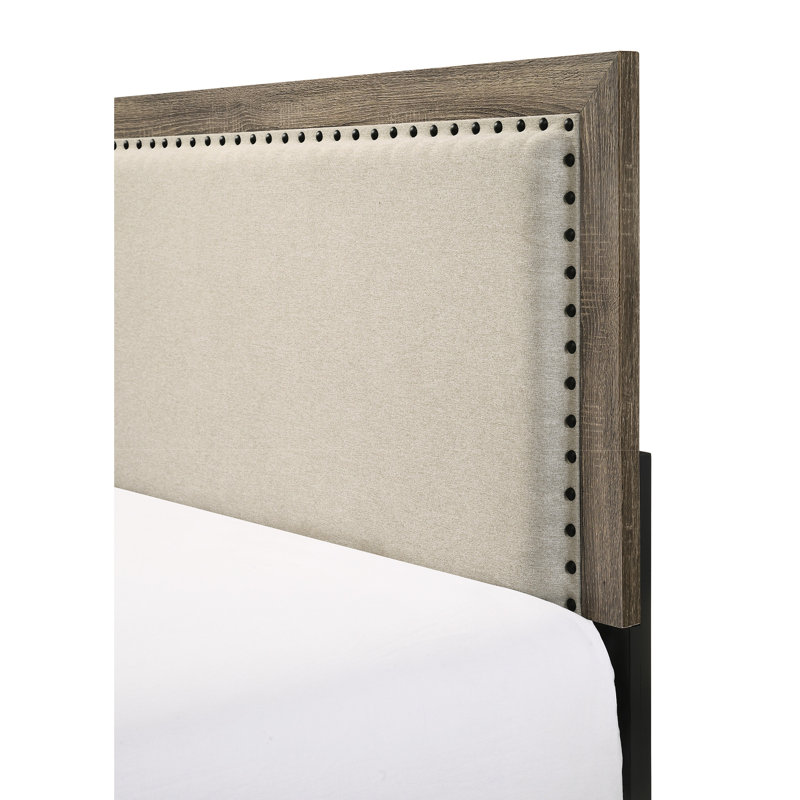 Stylish King Size Bed With Grey Headboard And Wood Veneer Base Contemporary Upholstered Strong Rug, Gray, King