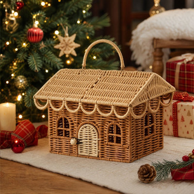Handwoven Rattan House Shaped Storage Basket with Handle Lid Christmas Decorative Organizer Box for Holidays Home Decor Christmas Decor Gifts
