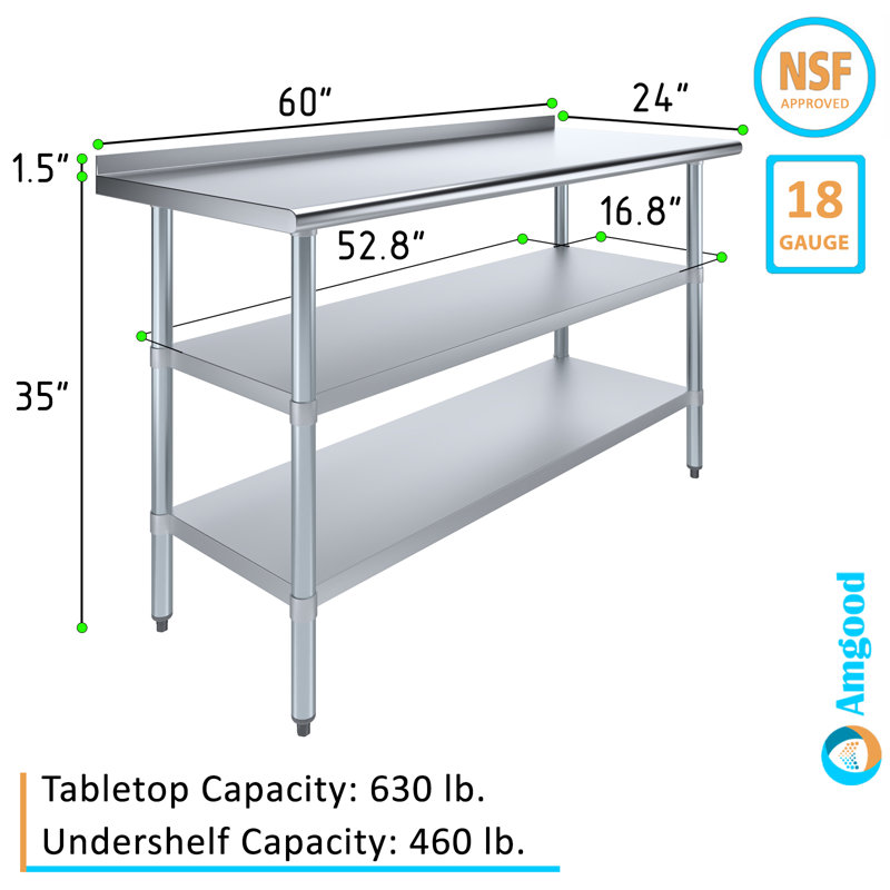 Stainless Steel Prep Table with 1.5" Backsplash and 2 Undershelves, 36.5" H x 60" W x 24" D