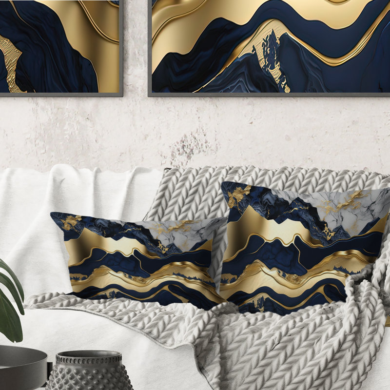 Coussin bleu et or captivant Abstraction I - Abstract, 16" x 16"