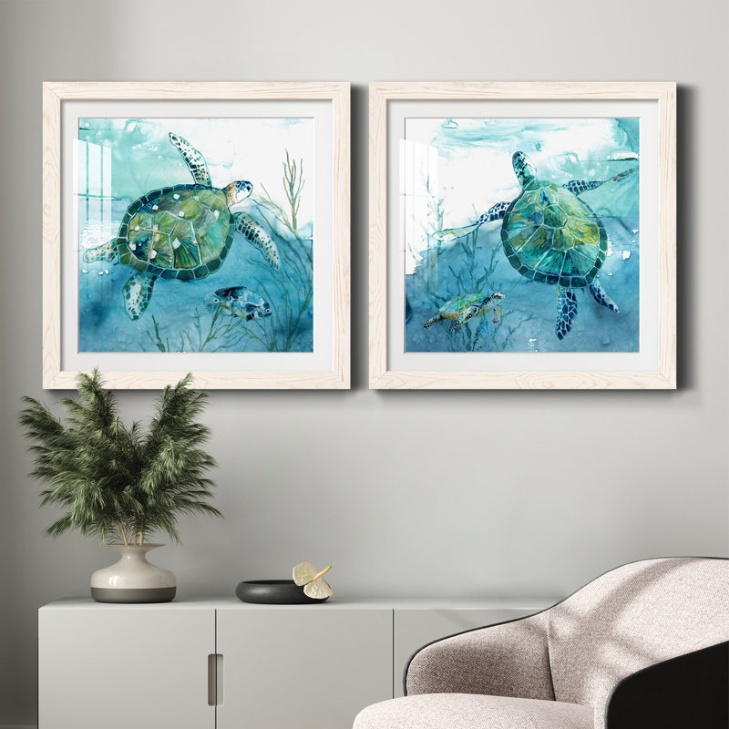 «Delray Sea Turtle I», ensemble de 2 peintures, Papier encadré blanc, H 24 po x l 48 po x P 1 po