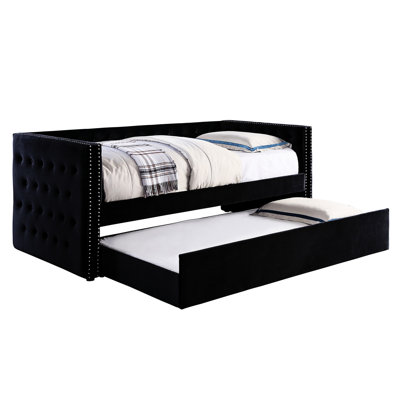 Lit de jour avec couchette avec revêtement en flanelle rembourrée, style transitionnel, design noir, bouton, garniture cloutée, ensemble de lattes - lit de jour, look,