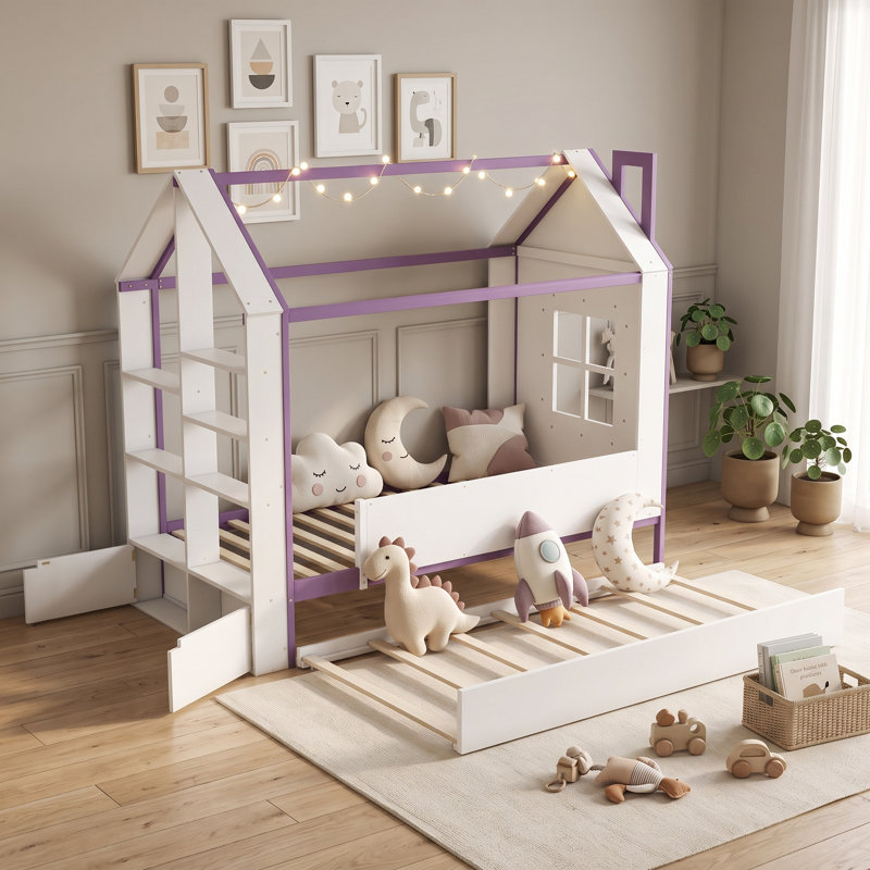 Structure de lit House avec lit gigogne coulissant, tablettes de rangement et lumière DEL, Twin, White Purple