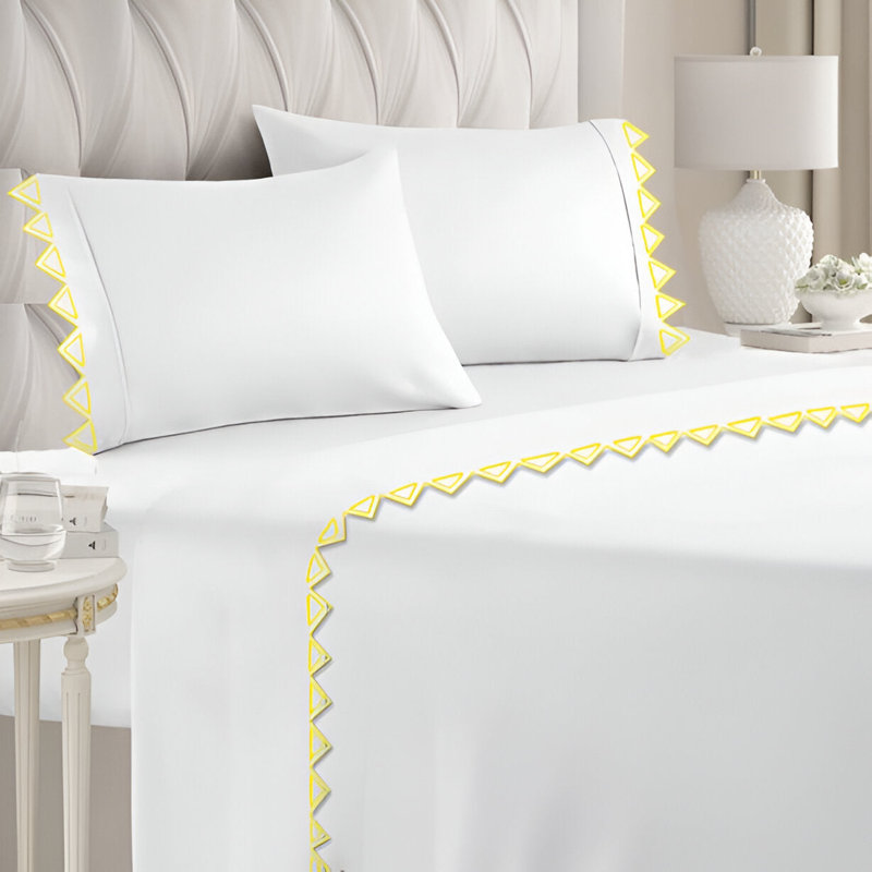 Ashley 400TC Cotton Traingle Embroidery Cotton 4 Piece Sheet Set Fitted Sheet Fits Upto 16" Deep Pocket, Yellow