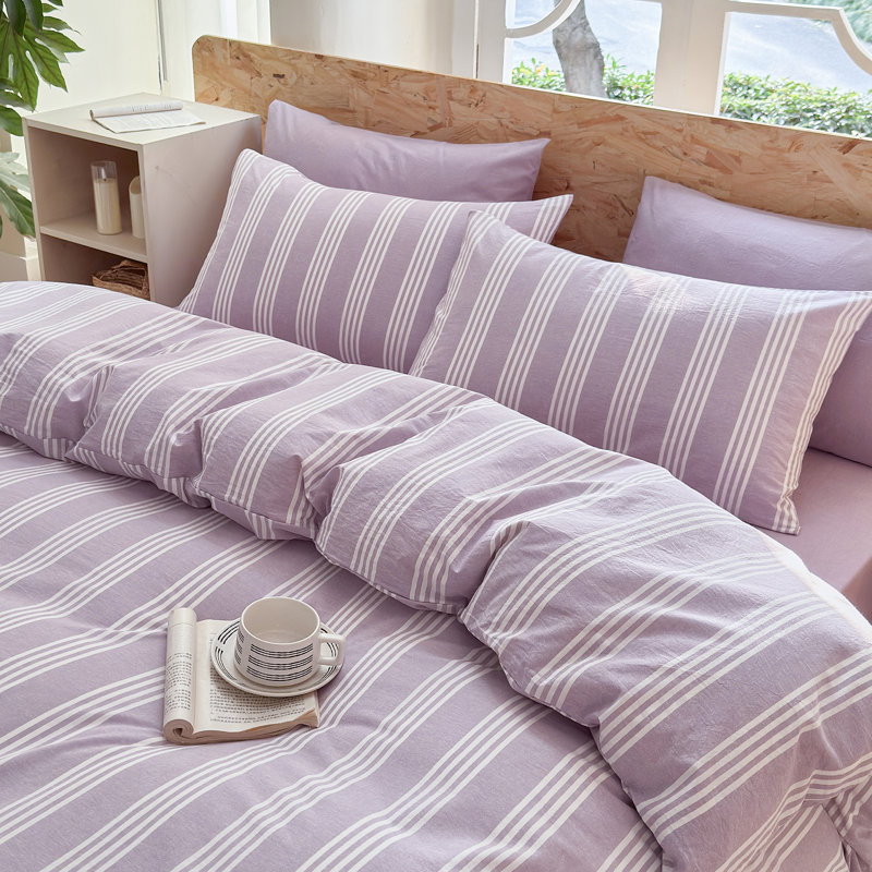 DONEUS Striped Duvet Cover Set 100% Washed Cotton Linen Like Soft Feelling 3 Pieces Bedding Set, Light Purple/White