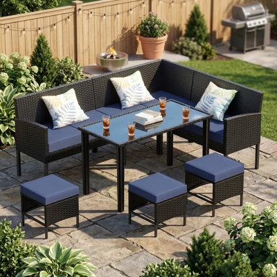 Ensemble de meubles de patio toutes saisons 7 pièces, ensemble modulaire de patio en osier à dossier haut incurvé, ensemble de conversation pour patio avec repose-pieds