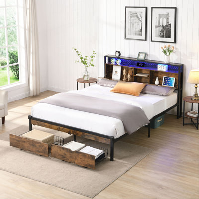 Base de lit plateforme en métal avec tête de lit en bois et pied de lit USB, station de charge, 2 tiroirs, rangement, lumières DEL, aucun sommier requis, assemblage facile