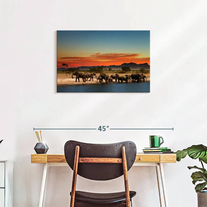 Brampt Elephants In Sublime Sunset, 20" H x 30" W