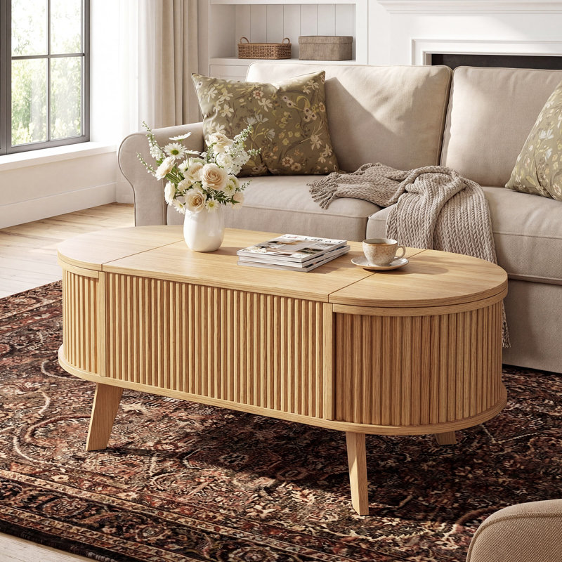 Lift Top Coffee Table with Storage, 40 Inch Modern Fluted Convertible Table with Hidden Compartments for Living Room, Natural Oak