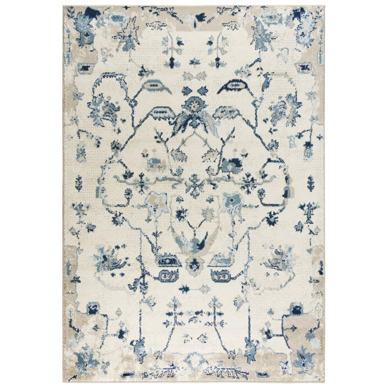 Tapis géométrique blanc / bleu / beige, Rectangle 5 pi 2 po x 7 pi 3 po
