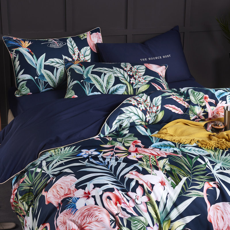 Vintage Floral And Leaf Printed  Microfiber Comforter Set, King Comforter + 2 Standard  Pillowcases, Dark Blue/Pink Floral