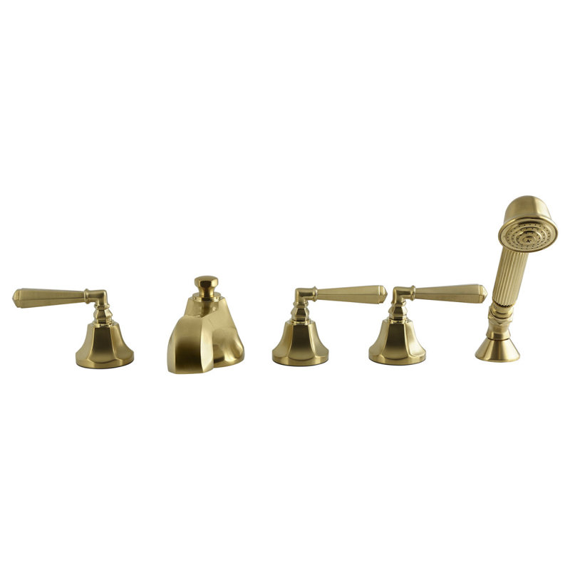 Robinet de baignoire romaine à trois poignées à fixation sur le comptoir à 5 trous avec douche à main Kingston, Brushed Brass